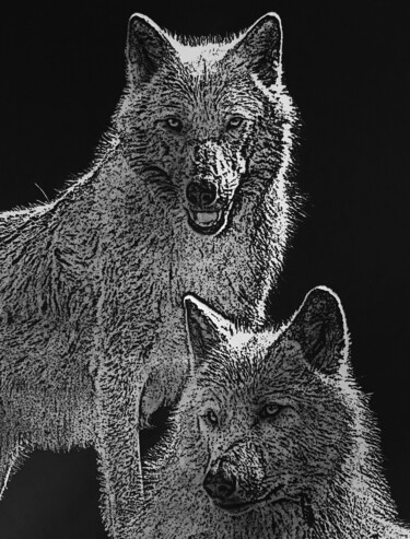 Druckgrafik mit dem Titel "Les loups" von Jacky Rouget, Original-Kunstwerk, Lithographie