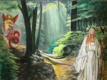 Pittura intitolato "Druidesse en forêt…" da Jacques Tafforeau, Opera d'arte originale, Altro