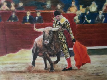 Painting titled "L’ESQUIVE DU TORERO." by Jacques Tafforeau, Original Artwork, Watercolor