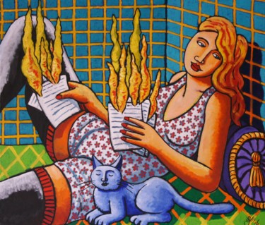 Malarstwo zatytułowany „Hotmail and le chat” autorstwa Jacques Tange, Oryginalna praca, Olej