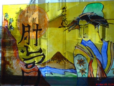 Pittura intitolato "geisha,& le mont fu…" da Jacques Van Moer, Opera d'arte originale, Olio