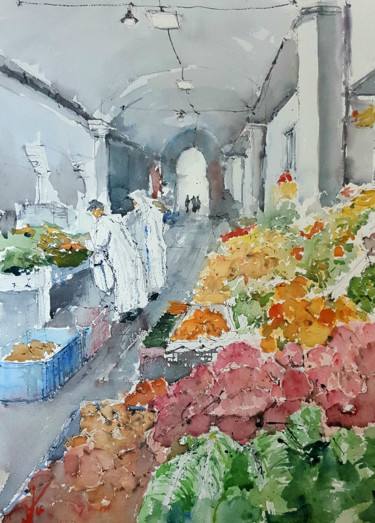 Pintura titulada "Mercado de Marruecos" por Jacques Villares, Obra de arte original, Acuarela
