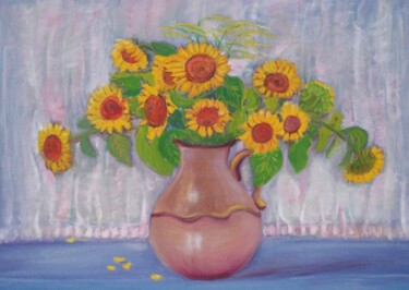 Malarstwo zatytułowany „Sonneblumen in Krug” autorstwa Jaga Rudnicka, Oryginalna praca, Olej
