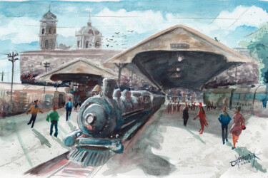 Painting titled "ANTIGUA ESTACIÓN DE…" by Jaguar X Espiritu, Original Artwork, Watercolor Mounted on Cardboard