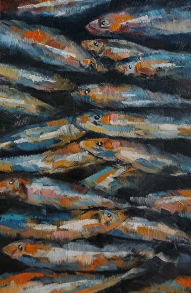 Painting titled "sardines 2" by Nathalie Jaguin, Original Artwork, Oil