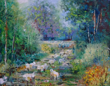 Pintura titulada "Les moutons" por Nathalie Jaguin, Obra de arte original, Oleo