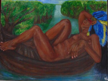 "India sobre canoa d…" başlıklı Tablo Jally tarafından, Orijinal sanat, Petrol Ahşap Sedye çerçevesi üzerine monte edilmiş