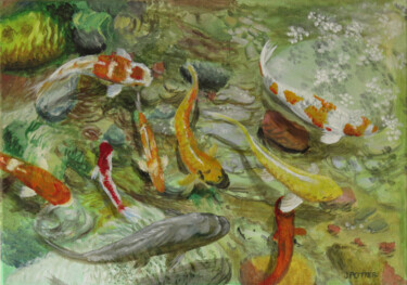 Painting titled "9 Koi" by James Potter, Original Artwork, Oil