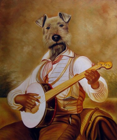 Schilderij getiteld "Poncelet dog #005" door James Shang, Origineel Kunstwerk, Olie Gemonteerd op Frame voor houten brancard