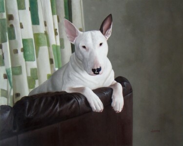 Schilderij getiteld "portrait dog 001" door James Shang, Origineel Kunstwerk, Olie Gemonteerd op Frame voor houten brancard
