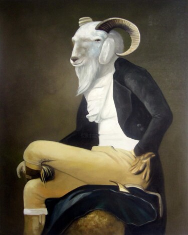 Painting titled "Pet dressed Goat Po…" by James Shang, Original Artwork, Oil Mounted on Wood Stretcher frame