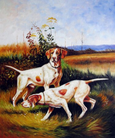 Peinture intitulée "Hunting dogs #003" par James Shang, Œuvre d'art originale, Huile Monté sur Châssis en bois