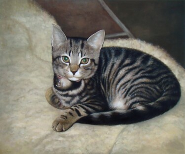 绘画 标题为“Portrait pet cat 004” 由James Shang, 原创艺术品, 油 安装在木质担架架上