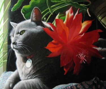 Painting titled "Portrait pet cat 012" by James Shang, Original Artwork, Oil Mounted on Wood Stretcher frame