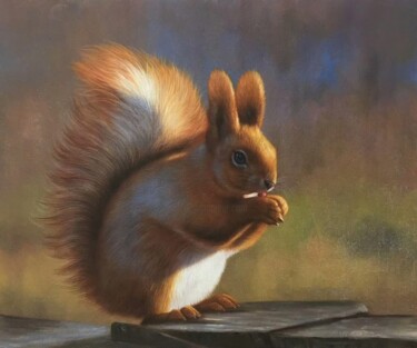 Schilderij getiteld "Squirrel 004D" door James Shang, Origineel Kunstwerk, Olie Gemonteerd op Frame voor houten brancard