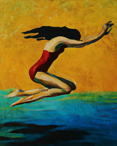 Painting titled "Dare to jump" by Jan Keteleer, Original Artwork, Digital Painting Mounted on Wood Stretcher frame
