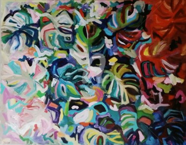 Painting titled "Monstera Dance" by Jan O'Sullivan, Original Artwork, Acrylic Mounted on Wood Stretcher frame