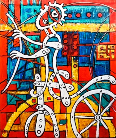 Pittura intitolato "Cyclist" da Jan Pevný, Opera d'arte originale, Acrilico Montato su Telaio per barella in legno