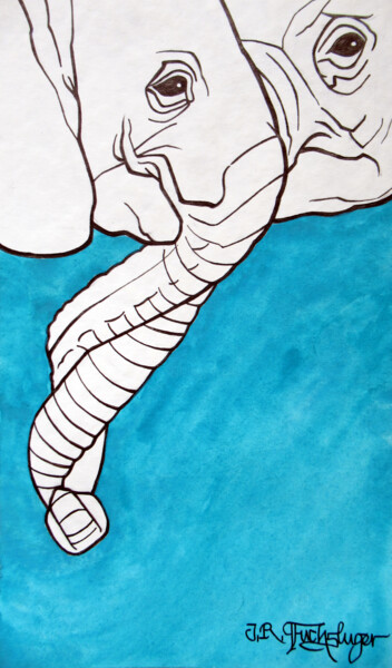 Tekening getiteld "Liebende Elephanten" door Jan René Fuchsluger, Origineel Kunstwerk, Inkt