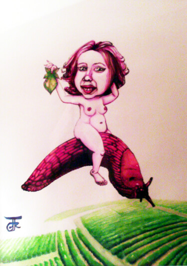 Malerei mit dem Titel "Junge Frau auf flie…" von Jan René Fuchsluger, Original-Kunstwerk, Tinte