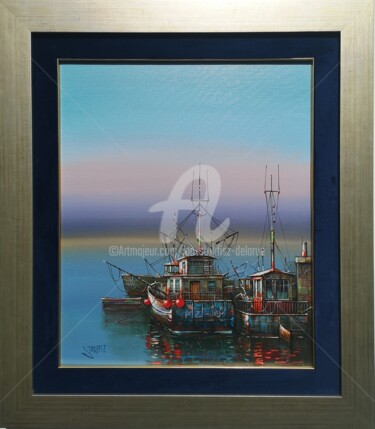 제목이 "Fishing Boats"인 미술작품 Jan Stokfisz Delarue로, 원작, 아크릴 나무 들것 프레임에 장착됨