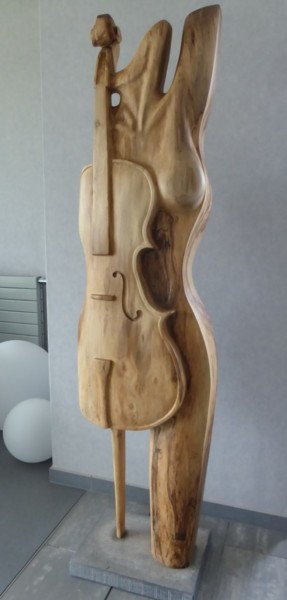 Sculpture titled "BIRTH OF A CELLO" by Jan Van Braekel, Original Artwork, Wood