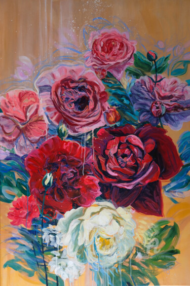 Ζωγραφική με τίτλο "Charming red roses" από Jana Magdova, Αυθεντικά έργα τέχνης, Ακρυλικό