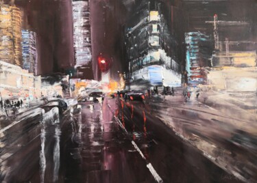 Картина под названием "Night city life lan…" - Jane Lantsman, Подлинное произведение искусства, Масло