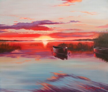 Painting titled "Sunset on the lake…" by Jane Lantsman, Original Artwork, Oil