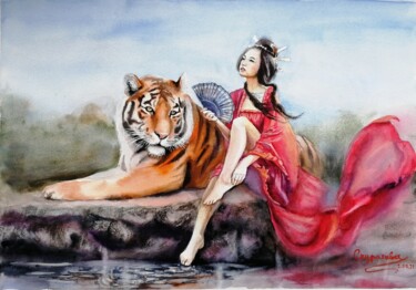 Malarstwo zatytułowany „Geisha with a tiger” autorstwa Jane Skuratova, Oryginalna praca, Akwarela