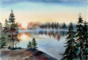 Painting titled ""Sunset Lake in a P…" by Jane Skuratova, Original Artwork, Watercolor