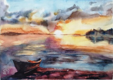 Pittura intitolato ""Sunset on the lake…" da Jane Skuratova, Opera d'arte originale, Acquarello