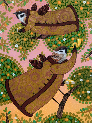 Pintura intitulada "Sparrow Boys" por Margot Raven, Obras de arte originais, Acrílico