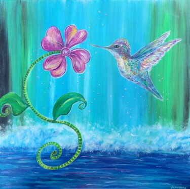Malarstwo zatytułowany „Hummingbird” autorstwa Kristina Janekova, Oryginalna praca, Akryl Zamontowany na Drewniana rama noszy