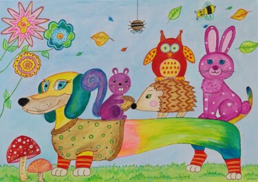 Painting titled "Cheerful animals on…" by Kristina Janekova, Original Artwork, Acrylic Mounted on Wood Stretcher frame