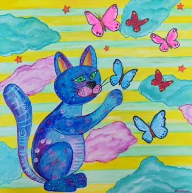 Картина под названием "The cat is playing…" - Kristina Janekova, Подлинное произведение искусства, Акрил Установлен на Дерев…
