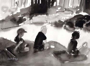 Картина под названием "Sunbathers at Seafa…" - Janel Bragg, Подлинное произведение искусства, Чернила
