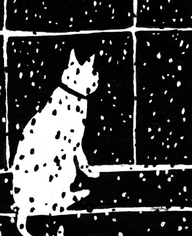 Ζωγραφική με τίτλο "Cat in Window Durin…" από Janel Bragg, Αυθεντικά έργα τέχνης, Μελάνι