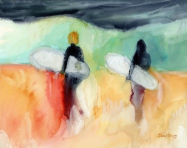 Pintura intitulada "Surfers at Hanalei…" por Janel Bragg, Obras de arte originais, Aquarela