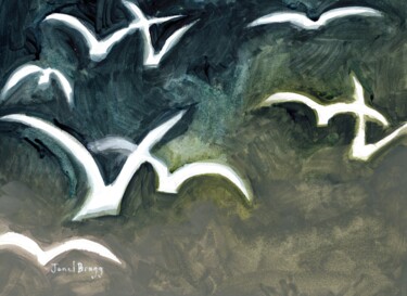Картина под названием "Seagulls Against a…" - Janel Bragg, Подлинное произведение искусства, Акварель