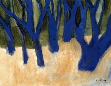 Pittura intitolato "Blue Trees with Car…" da Janel Bragg, Opera d'arte originale, Acquarello
