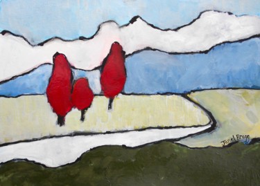 Pintura intitulada "Three Red Trees Lan…" por Janel Bragg, Obras de arte originais, Óleo
