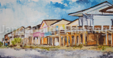 Painting titled "Chalets de Gruissan" by Janet Daldy, Original Artwork, Oil