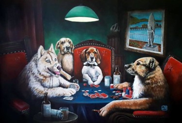 Картина под названием "Santa Cruz Dogs Pla…" - Janice Serilla, Подлинное произведение искусства, Акрил