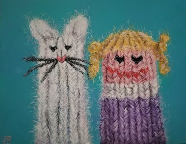 Картина под названием "Knit Kitty & Patty" - Janice Serilla, Подлинное произведение искусства, Акрил Установлен на Деревянна…