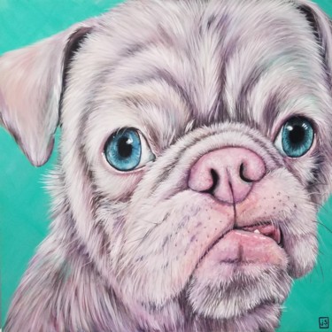 Painting titled "Obie the pug" by Janice Serilla, Original Artwork, Acrylic Mounted on Wood Stretcher frame