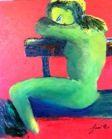 Pittura intitolato "femme verte sur un…" da Janie B., Opera d'arte originale, Olio