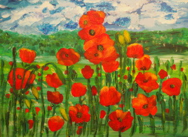 Painting titled "Red poppy flowers (…" by Janina Krasnicka, Original Artwork, Acrylic
