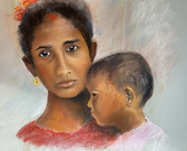 Painting titled "maman indienne" by Janine Chetivet, Original Artwork, Pastel