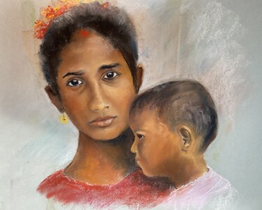 Peinture intitulée "maman indienne" par Janine Chetivet, Œuvre d'art originale, Pastel
